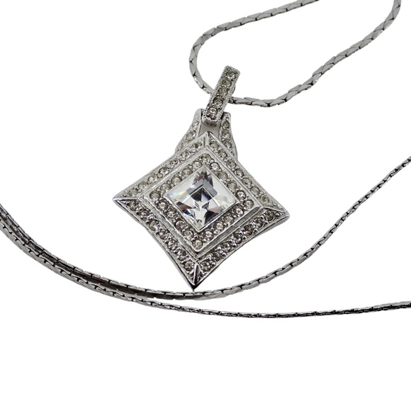 Crown Trifari Signed Square Silver Tone Rhinestone Pendant on Serpentine Chain 2 - Picture 5 of 13